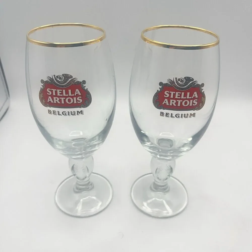 STELLA ARTOIS Belgium Chalice Beer Glass 33 CL Gold Rim (Set Of 2)